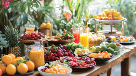 A beautifully arranged table filled with various dishes, fruits, and drinks for a festive gatheringの素材