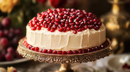 A beautifully decorated cake topped with pomegranate seeds, set on an ornate stand.の素材