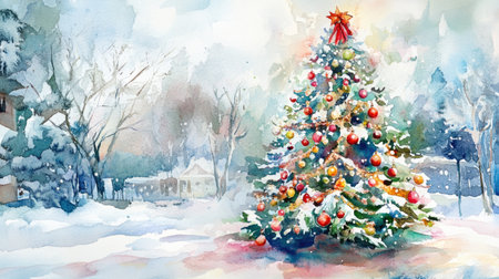 A beautifully decorated Christmas tree with colorful ornaments and lights amidst a snowy winter backdrop in the festive atmosphere, watercolorの素材