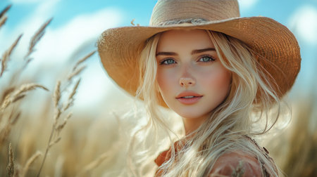 Portrait of a beautiful blonde girl in a straw hat on a wheat fieldの素材