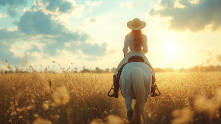 Rear view of young woman riding white horse in field at sunsetの素材