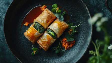 Spring rolls with spinach and ricotta on a black plate, top viewの素材