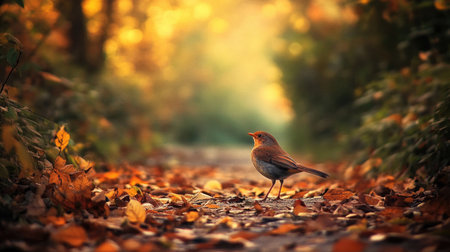 A bird explores a leaf-covered pathの素材
