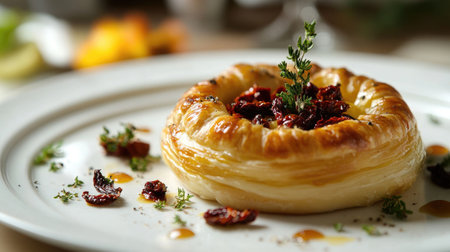A beautifully plated pastry filled with cheese and sun-dried tomatoes, surrounded by garnishesの素材