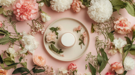 A beauty product displayed elegantly on a plate surrounded by flowers.の素材