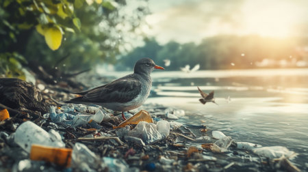 A bird amidst plastic waste by a polluted river, highlighting the impact of plastic pollution on wildlife and water bodies.の素材