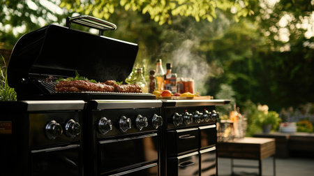 A black gas grill with multiple burners and storage space, designed for outdoor cooking.の素材