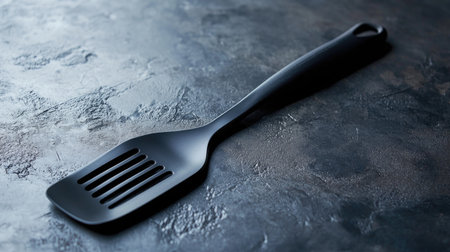 A black plastic spatula with slotted head for cooking and flipping food.の素材