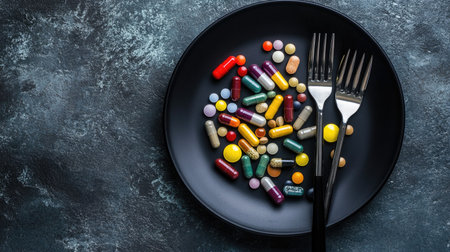 A black plate with various colored pills and a fork and knife, offering a meal of supplementsの素材