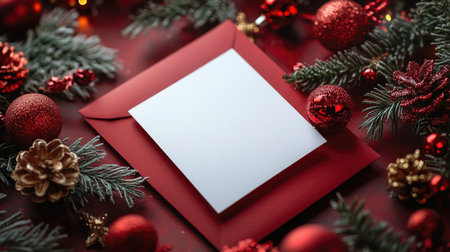A blank white card with a red festive envelope. Christmas card or invitationの素材
