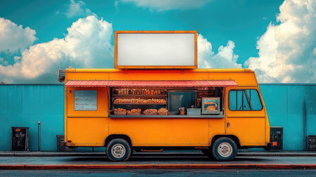 A blank empty sign above a street food truck against a blue summer skyの素材