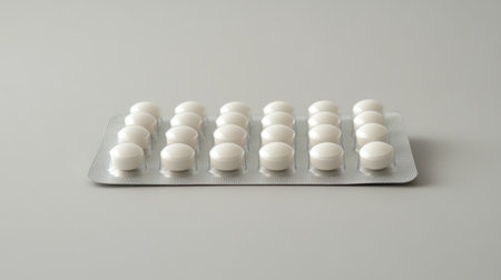 A blister pack of birth control pills, pharmaceutical contraceptives used for preventing pregnancy, displayed on a neutral backgroundの素材