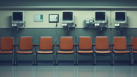 A blood donation center with a row of empty chairs and medical equipment, symbolizing the life-saving act of donating blood.の素材