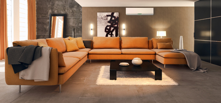 Modern bright living room with air conditioning, 3D rendering illustration