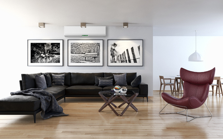 Modern bright living room with air conditioning, 3D rendering illustration