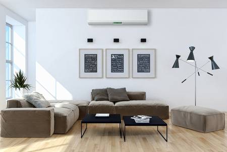 Modern bright living room with air conditioning, 3D rendering illustrationの写真素材