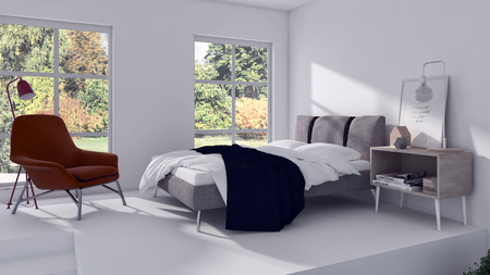 Modern bright bed room interiors 3D rendering illustrationの写真素材