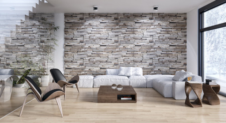 Modern bright interiors 3D rendering illustration