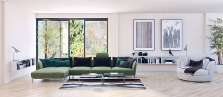 Modern bright interiors 3D rendering illustration