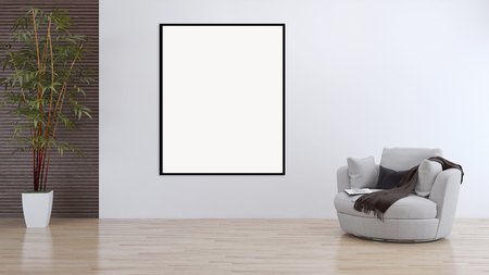 Modern bright interiors apartment with mockup poster frame 3D rendering illustrationの写真素材