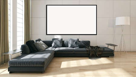 Modern bright interiors apartment with mockup poster frame 3D rendering illustrationの写真素材