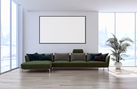 Modern bright interiors apartment with mockup poster frame 3D rendering illustrationの写真素材