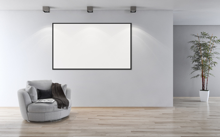 Modern bright interiors apartment with mockup poster frame 3D rendering illustrationの写真素材
