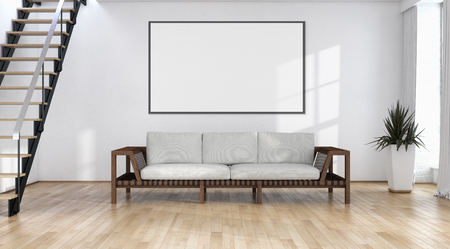 Modern bright interiors apartment with mockup poster frame 3D rendering illustrationの写真素材
