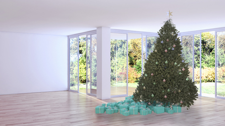 modern bright interiors apartment living room with Christmas tree 3D rendering illustrationの写真素材