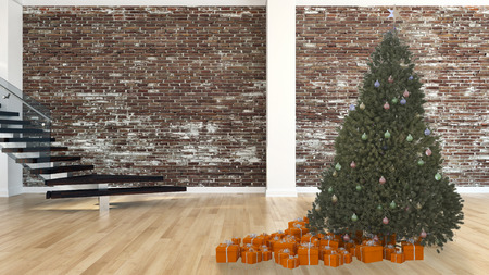 modern bright interiors apartment living room with Christmas tree 3D rendering illustrationの写真素材