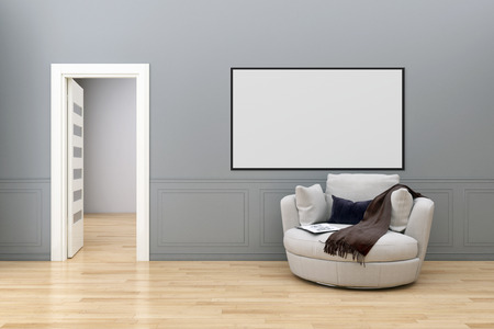 Modern bright interiors apartment with mock up poster frame illustration 3D rendering computer...