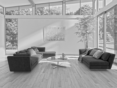 Black and white large luxury modern bright interiors Living room illustration 3D rendering computer digitally generated imageの写真素材