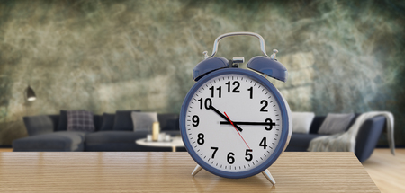 illustration 3D analog alarm clock on side table in large luxury modern bright, Time of day, interiors room  rendering computer generated image not photos and not private propertyの写真素材