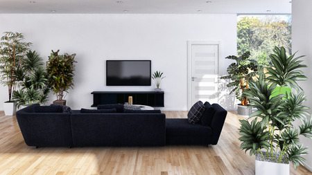 large luxury modern bright interiors room with plants illustration 3D rendering computer generated...