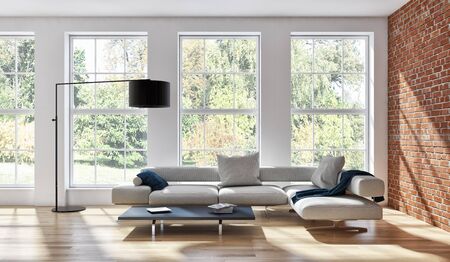 large luxury modern bright interiors Living room illustration 3D rendering computer digitally...