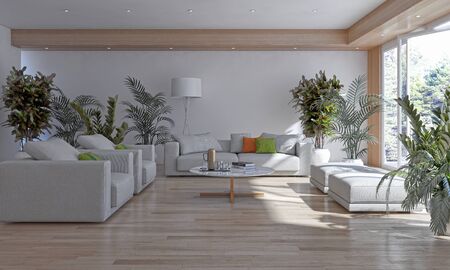 large luxury modern bright interiors Living room illustration 3D rendering computer digitally...