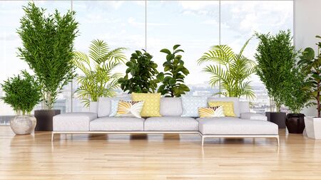 large luxury modern bright interiors room with plants illustration 3D rendering