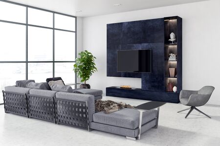 large luxury modern bright interiors Living room illustration 3D rendering computer digitally...