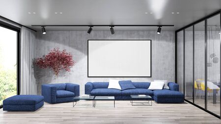 Modern bright interiors with mock up poster frame illustration 3D rendering computer generated image