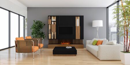 large luxury modern bright interiors Living room illustration 3D rendering computer digitally...