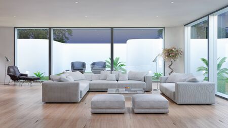 large luxury modern bright interiors Living room illustration 3D rendering computer digitally...