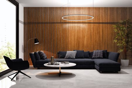 large luxury modern bright interiors Living room mockup illustration 3D rendering computer digitally...