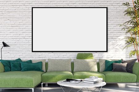 large luxury modern bright interiors Living room mockup illustration 3D rendering computer digitally...