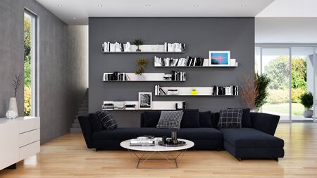 large luxury modern bright interiors Living room mockup illustration 3D rendering computer digitally...