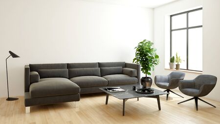 large luxury modern bright interiors Living room mockup illustration 3D rendering computer digitally...