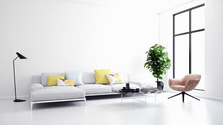 large luxury modern bright interiors Living room mockup illustration 3D rendering computer digitally generated imageの写真素材