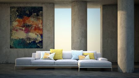 large luxury modern bright interiors Living room mockup illustration 3D rendering computer digitally generated imageの写真素材