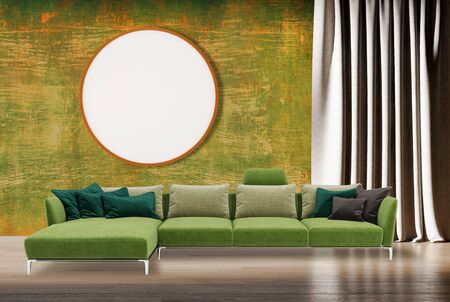 large luxury modern bright interiors Living room mockup round frame illustration 3D rendering computer digitally generated imageの写真素材