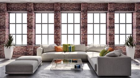 large luxury modern bright interiors Living room mockup illustration 3D rendering computer digitally generated imageの写真素材