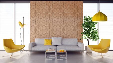 large luxury modern bright interiors Living room mockup illustration 3D rendering computer digitally...